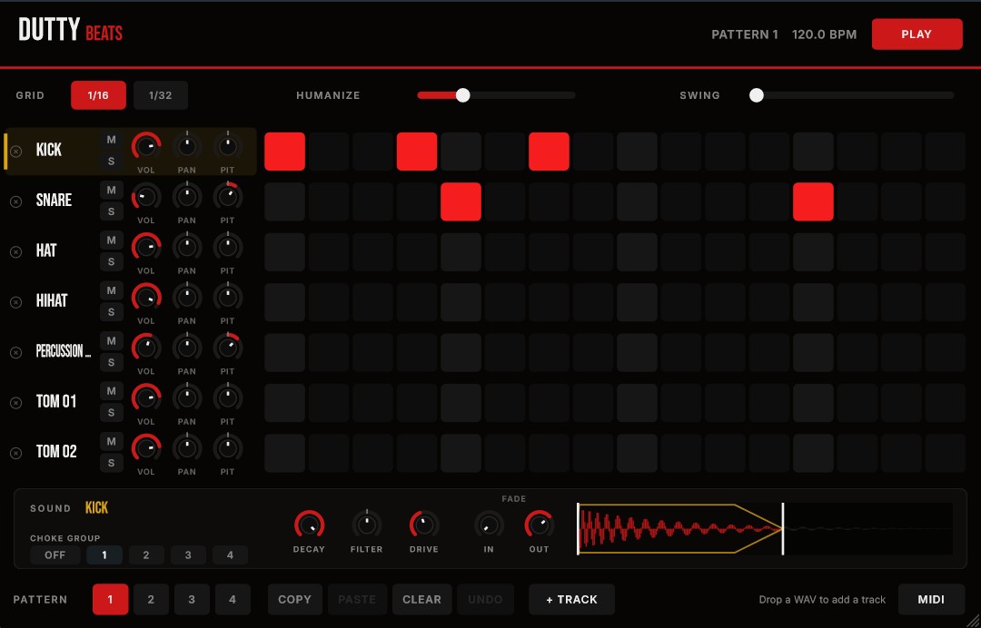 Dutty Beats drum machine interface